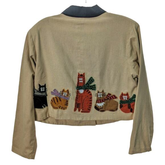 Vintage 90's Painted Pony Cropped Boxy Blazer Jacket Cat Patches and Beading L - Picture 2 of 9